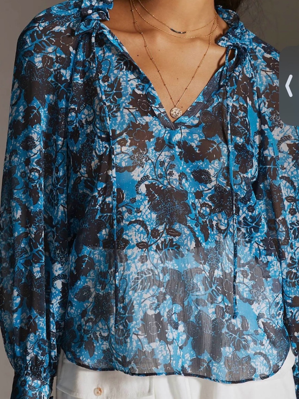 Anthropologie Sheer Floral Peasant Blouse Blue Navy Ruffle Boho Size Small S